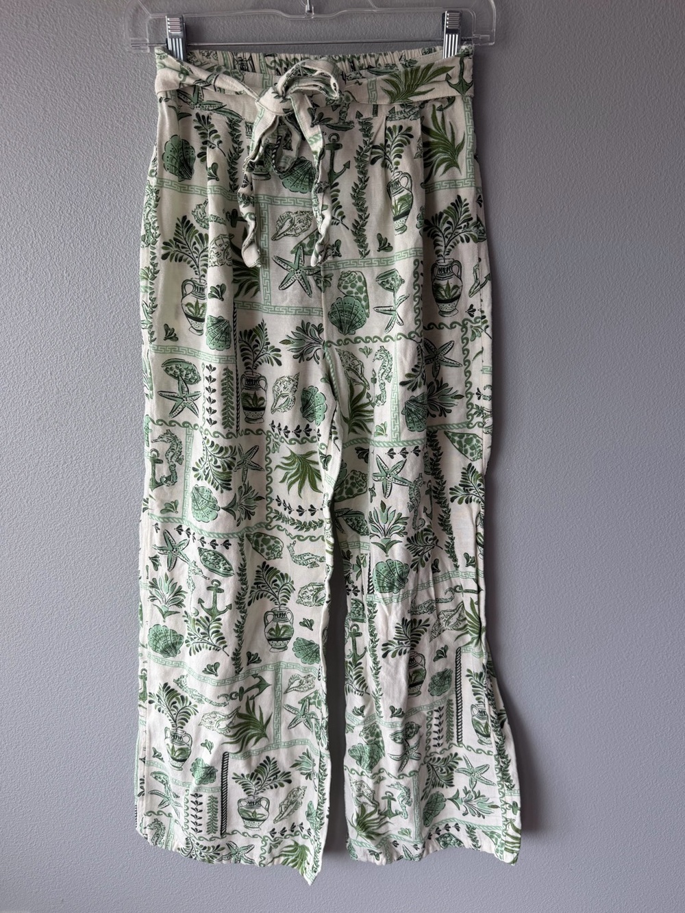 Midnight Sky cream green nautical print linen blend wide leg pants size S